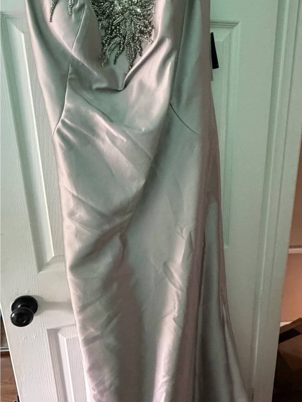 Terani Couture Silver Satin Prom Gown with Beaded Bodice